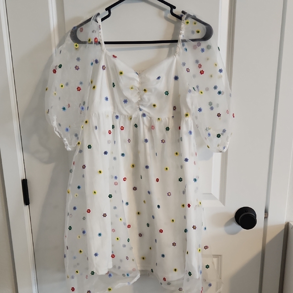Never Worn- Altar'd State White Dress with Colorful Floral Embroidery